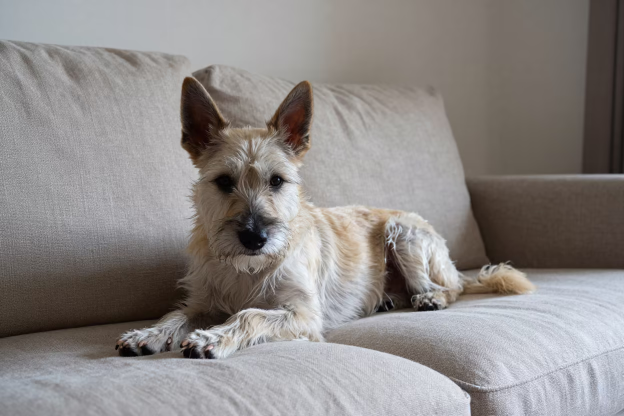 Schipperke Resting on Linen Sofa in Casablanca Morning in on a linen sofa with daylight from a nearby window in Casablanca