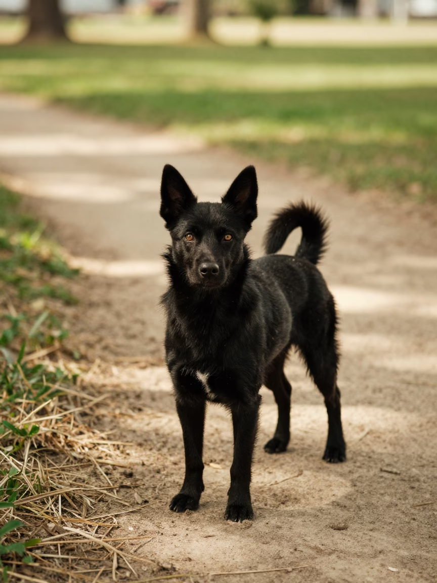 Schipperke Standing Quiet Park Path Tamale in along a quiet park path with soft open shade and a clean background in Tamale