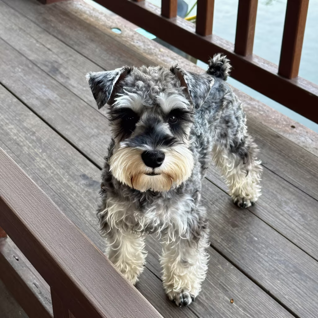 Schnauzer on Patiala Porch in Dawn Light in on a shaded front porch with boards, railings, and eye-level framing in Patiala