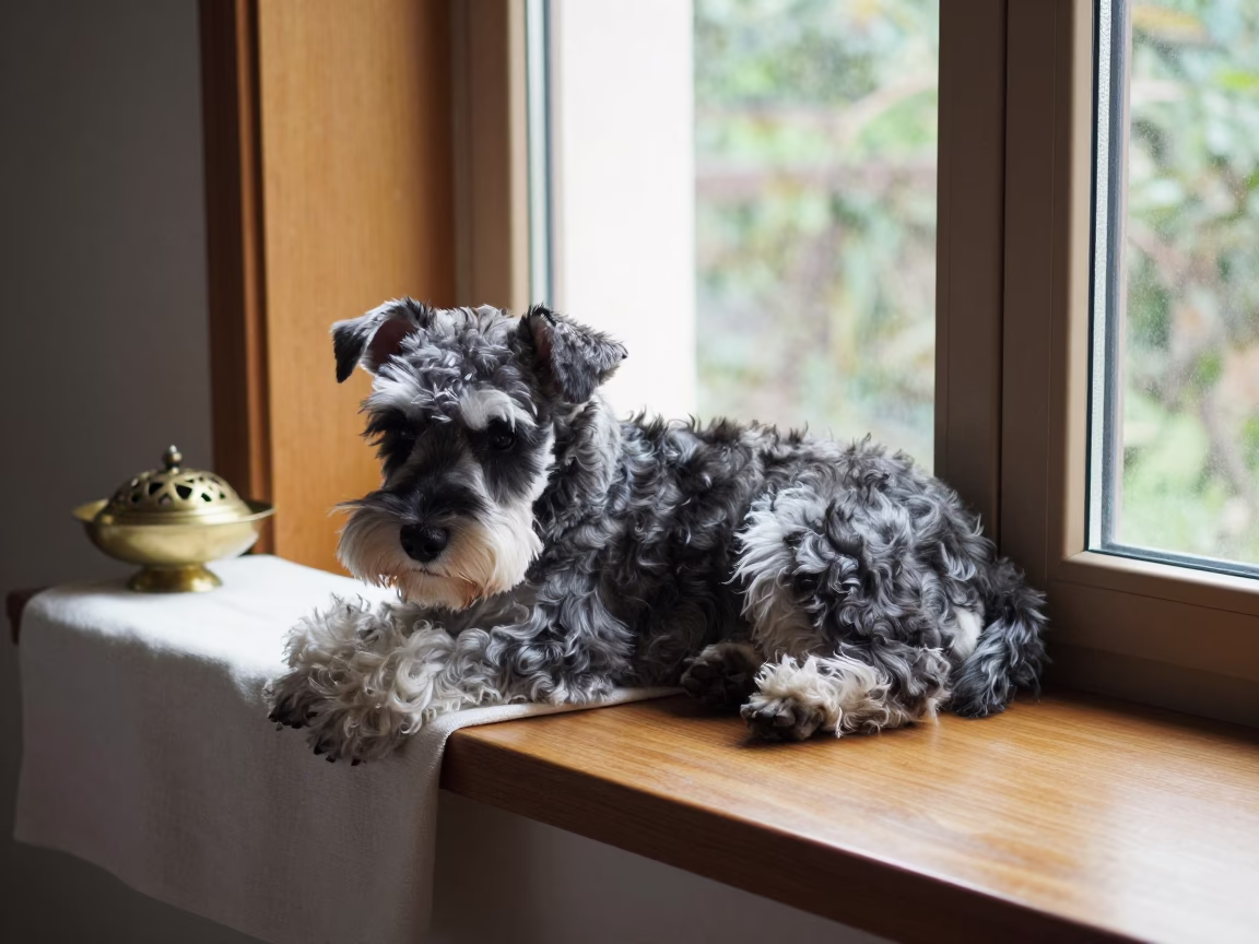 Schnauzer on Window Seat in Villa Nueva in on a window seat in a quiet apartment with soft side light in Villa Nueva