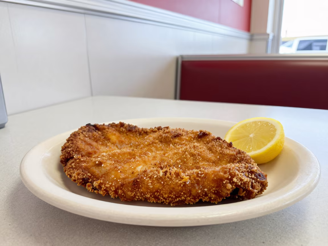Schnitzel and Lemon on Diner Table in at a roadside diner table in Houston