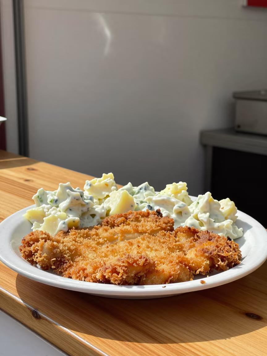 Schnitzel and Potato Salad Market Stall Hefei in at a market stall counter in Hefei