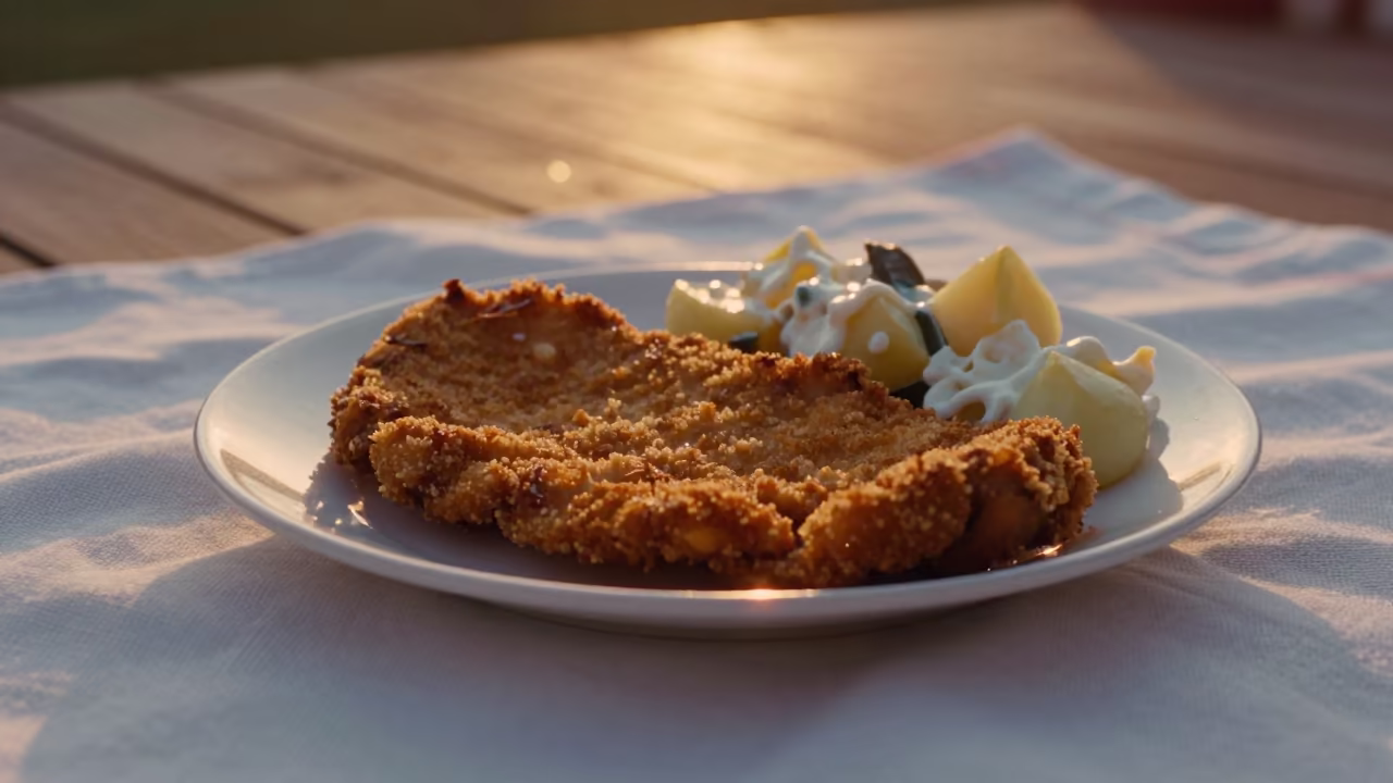 Schnitzel and Potato Salad Picnic Sunset in on a picnic blanket in Dortmund