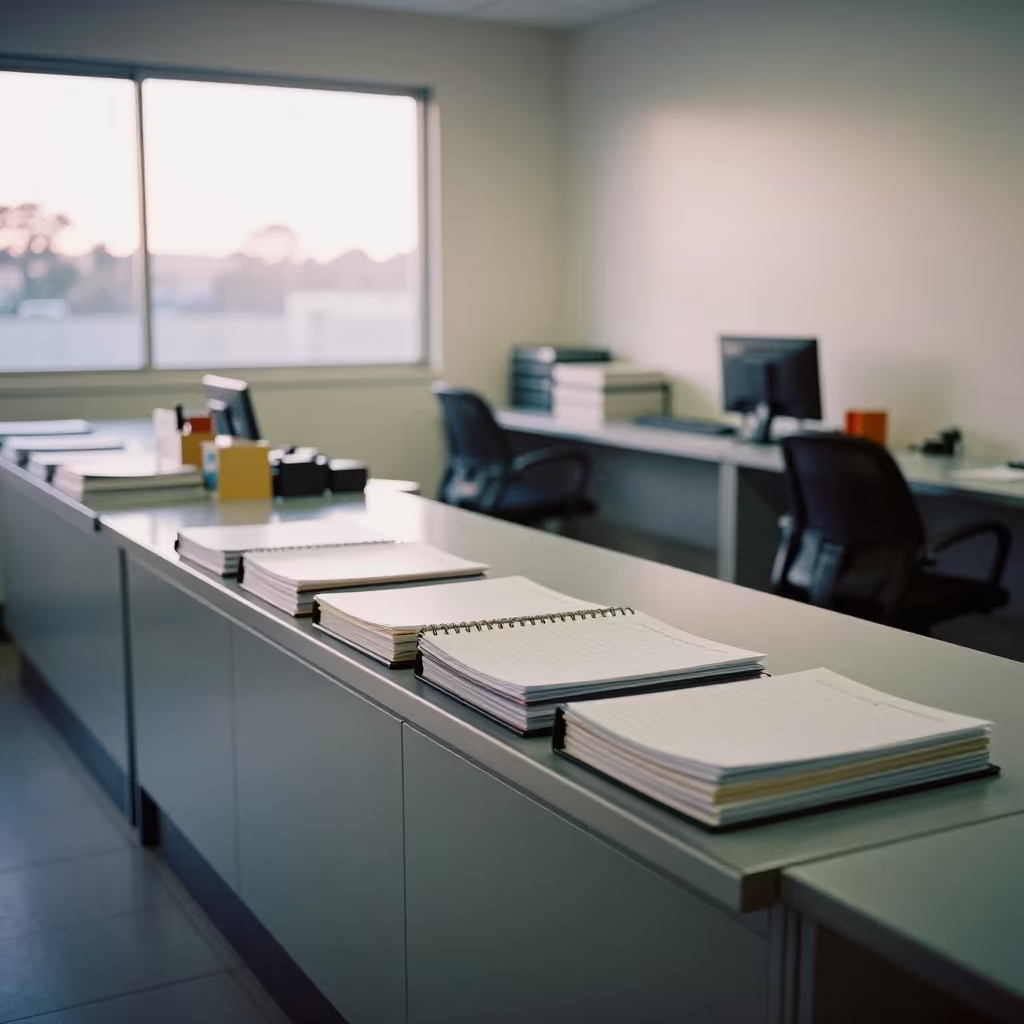 School Binder in Adelaide Stockroom at Dawn in inside a stockroom behind the sales floor in Adelaide