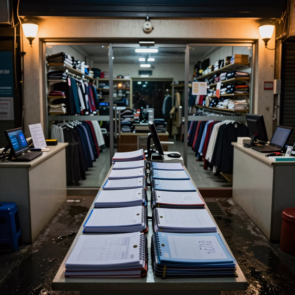 School Binder at Bangalore Store Before Dawn in at a checkout lane under flat store light in Bangalore