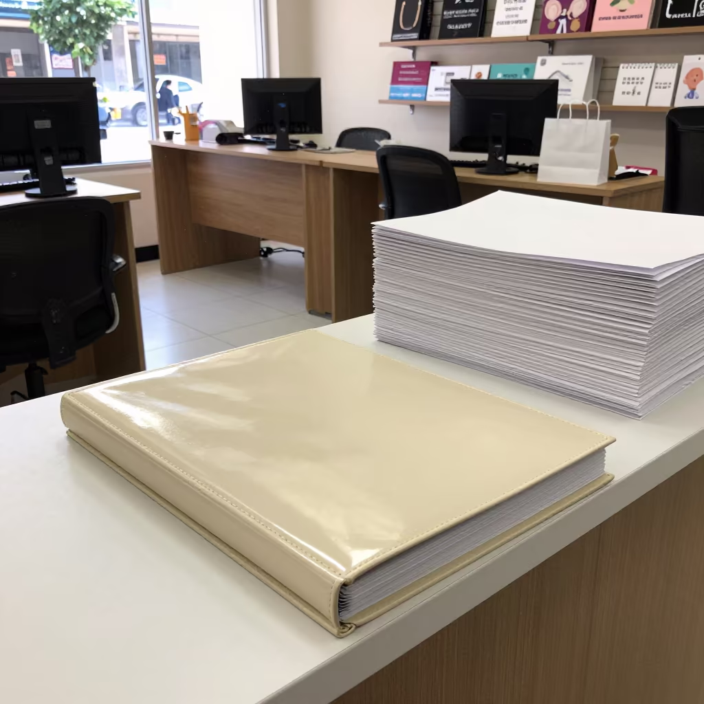 School Binder at Guayaquil Retail Counter in at a cash wrap counter with bags stacked nearby in Guayaquil