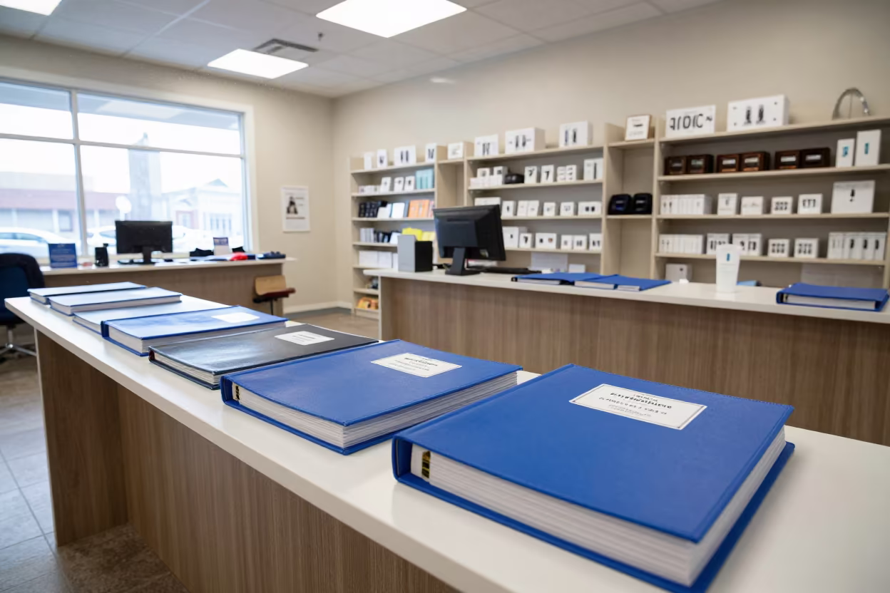 School Binder on Retail Counter Before Opening in inside a storefront prepared for opening near Saskatoon