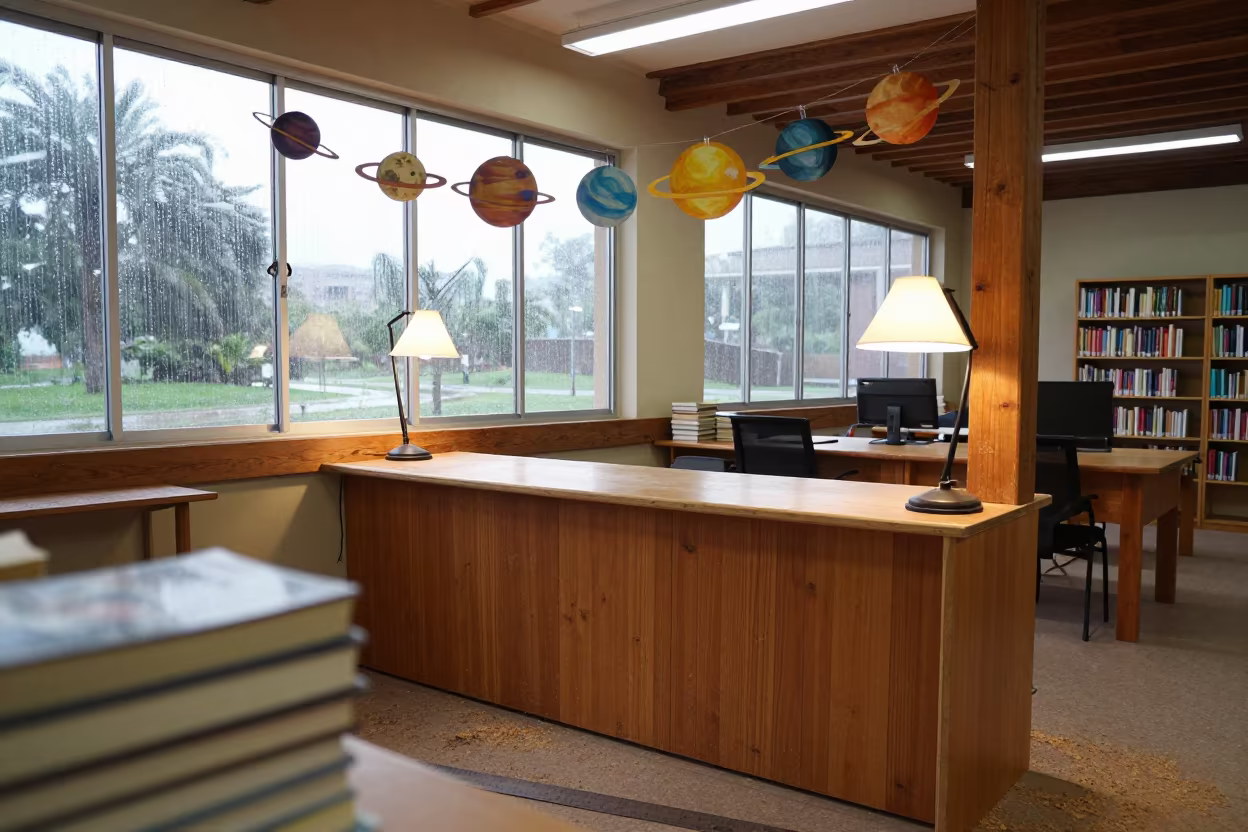 School Library Desk in Belem Woodshop in in a woodshop classroom in Belem