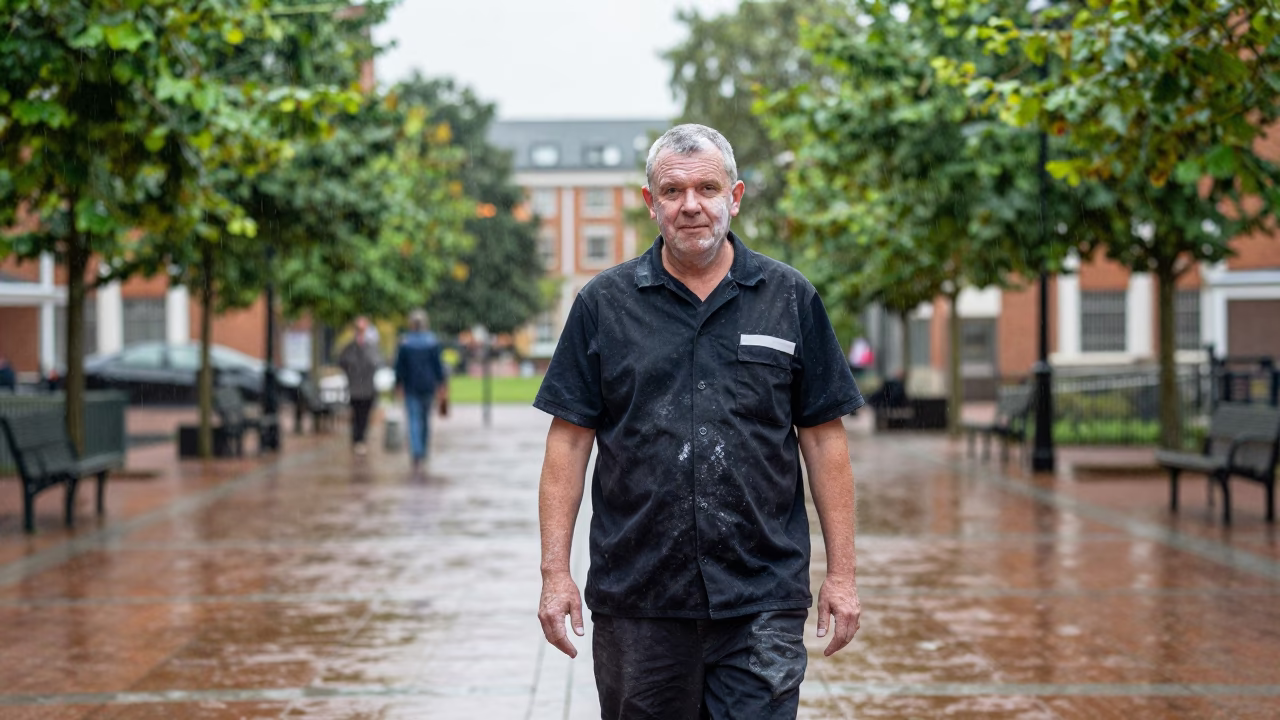 School Porter Chalk Dust in Milton Keynes Monsoon in at a public square in Milton Keynes