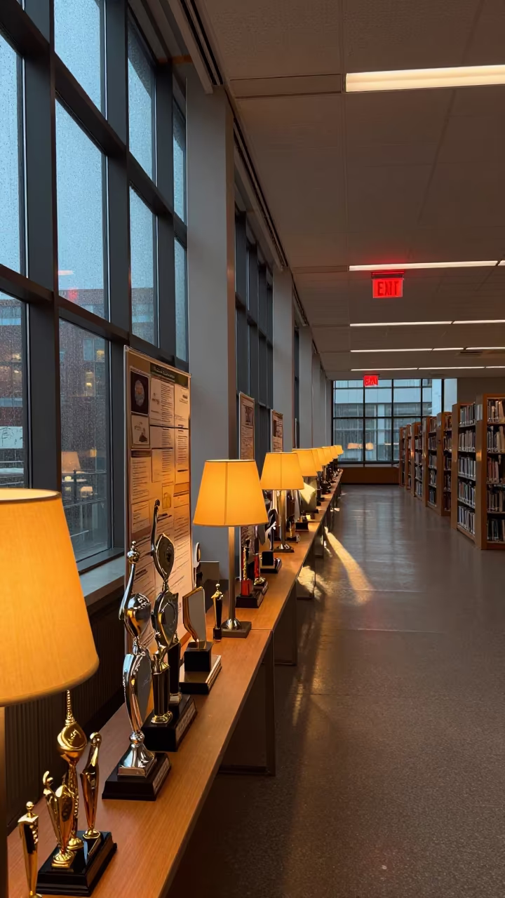 Science Fair Corridor With Trophies and Exit Sign Reflections in in a lecture hall before the crowd arrives near Wa
