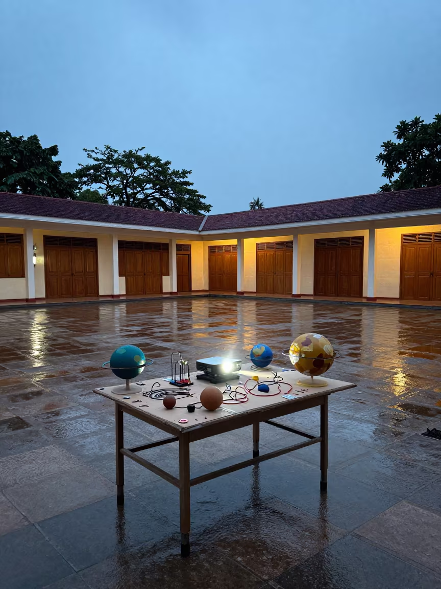 Science Fair Planets in Rainy Yangon Courtyard in across a rain-washed campus courtyard in Yangon