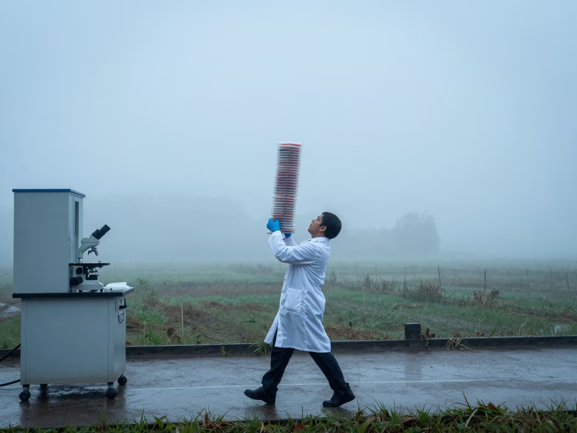 Scientist Carries Petri Dish Stack Through Kasama Dawn Mist in in Kasama