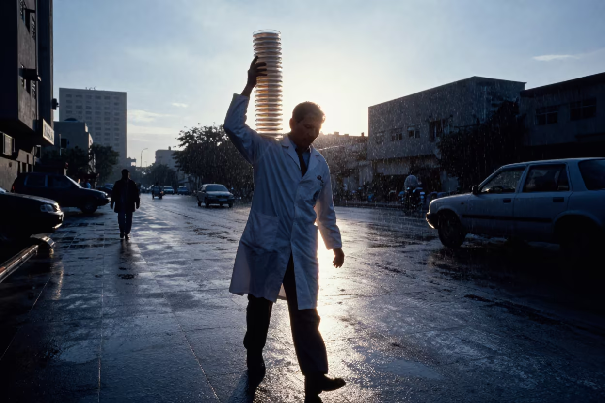Sleepy Scientist Carries Petri Dishes Through Karachi Dawn in in Karachi