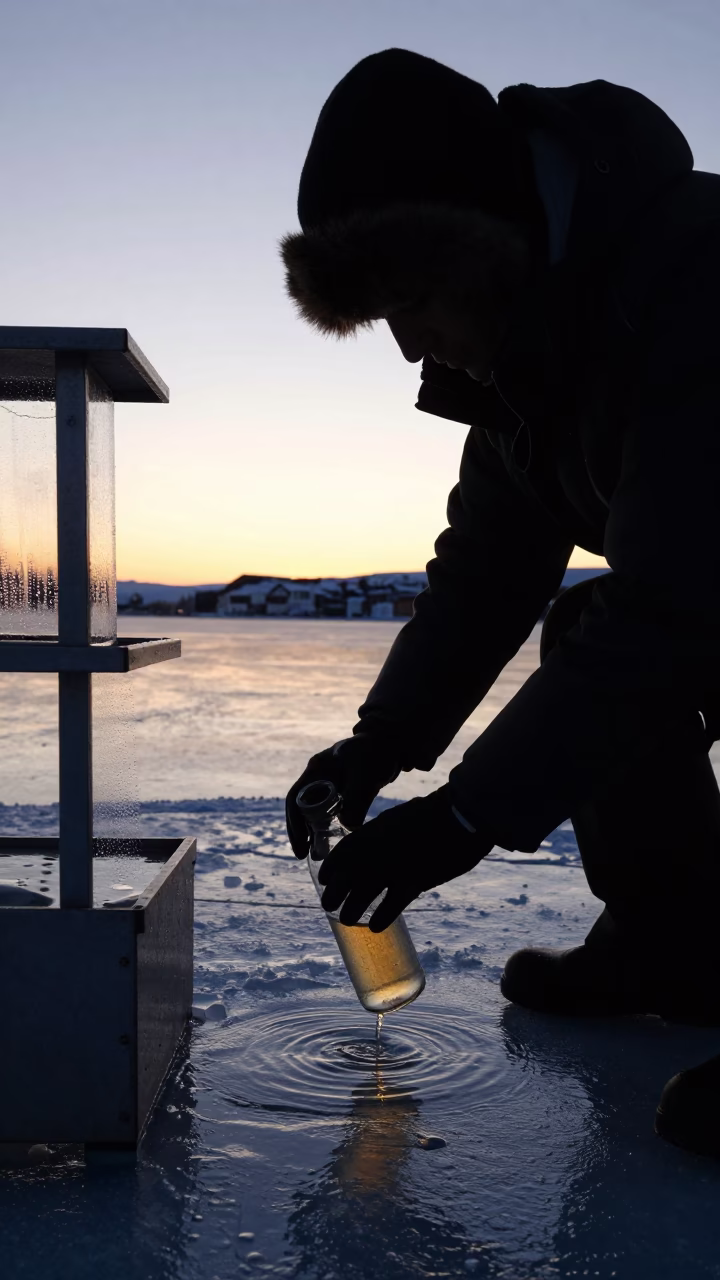 Scientist Collecting Lake Water in Reykjavik Evening in in Reykjavik