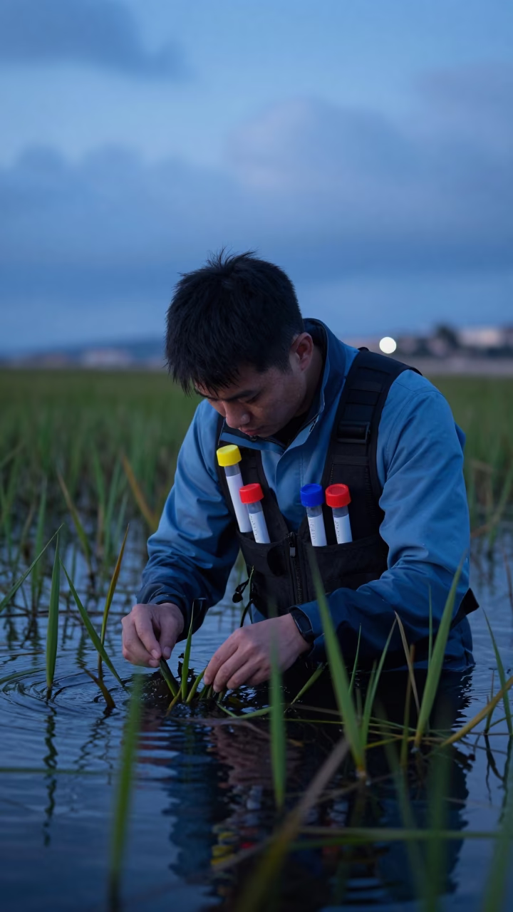 Scientist Wading Through Eelgrass at Blue Hour in in Nice