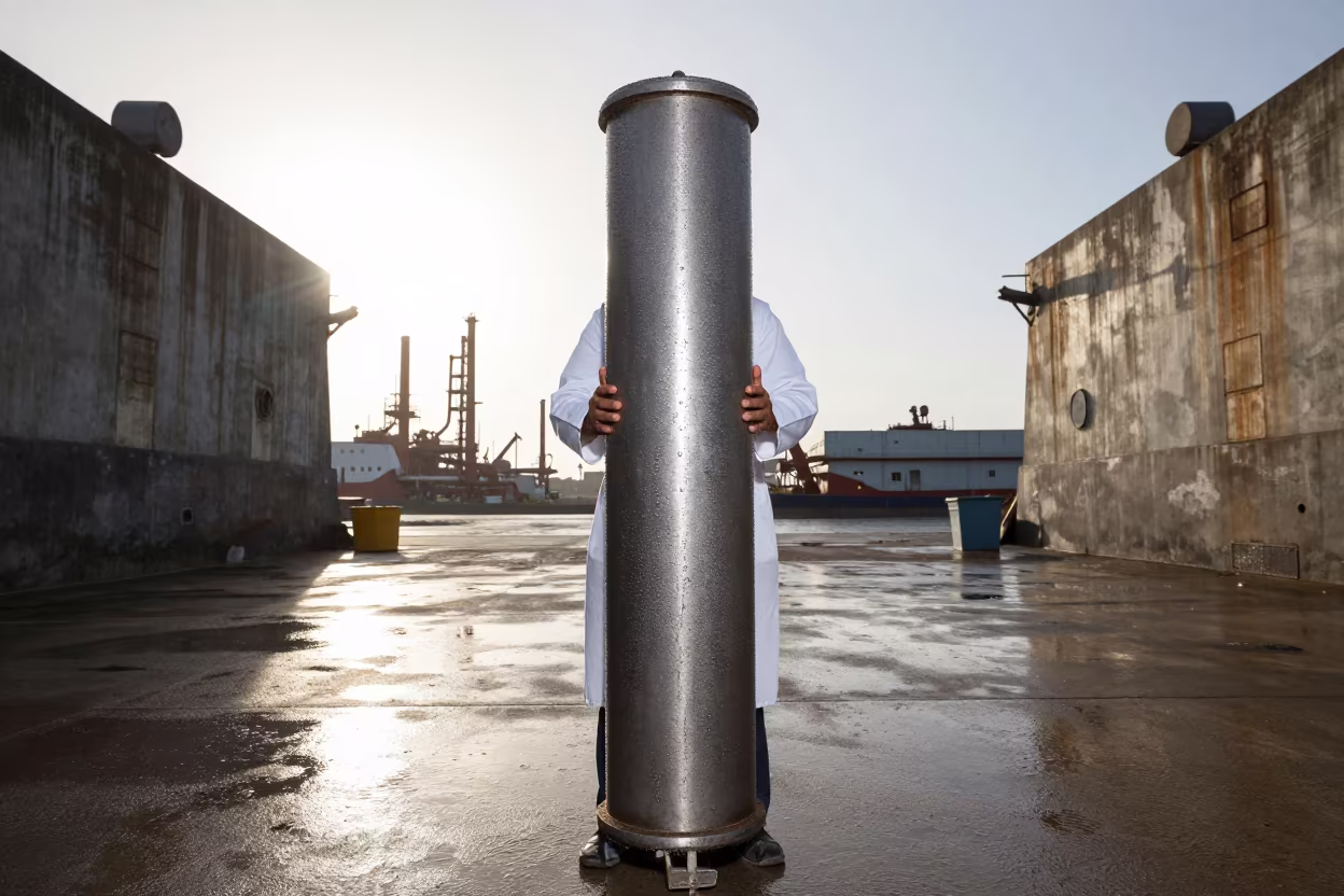 Scientist Holding Sediment Core in Aden Morning Light in in Aden