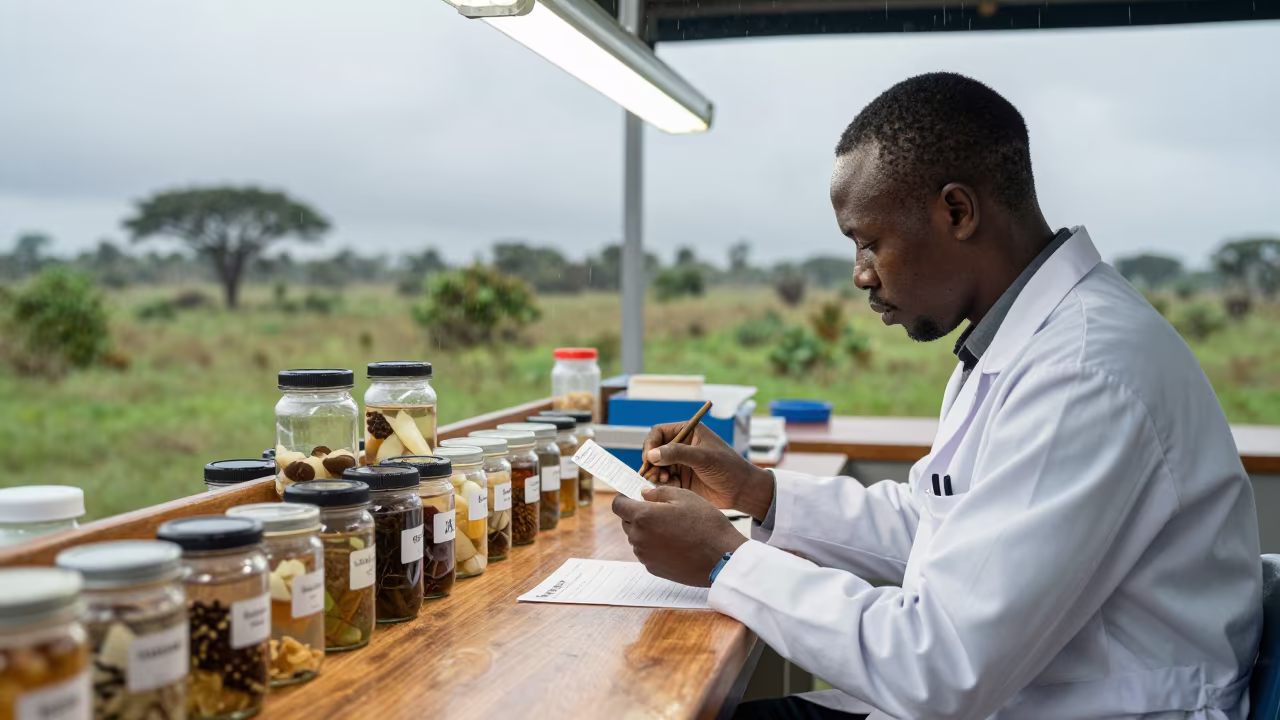 Scientist Labeling Specimen Jars at Gambia Field Station in at a remote field station in Gambia