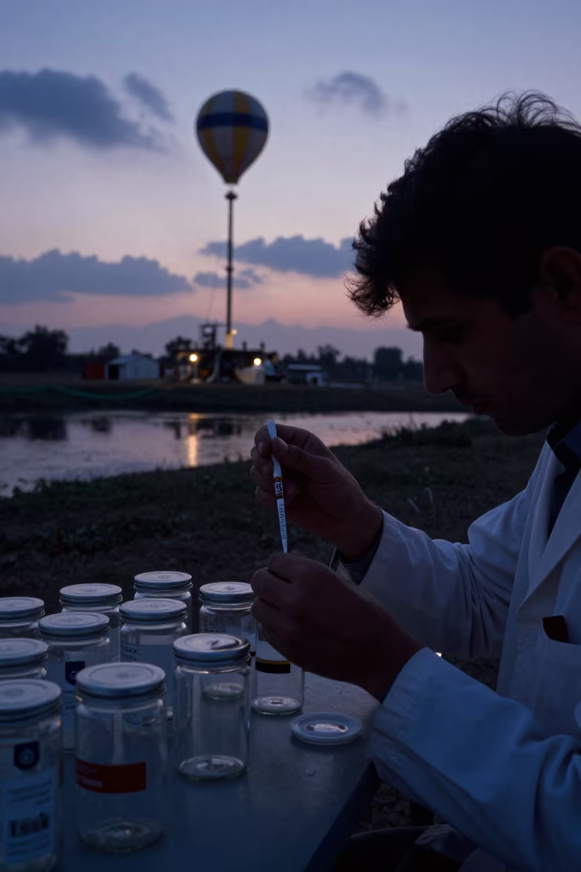 Scientist Labeling Specimen Jars Twilight Faizabad in near a weather balloon launch site near Faizabad