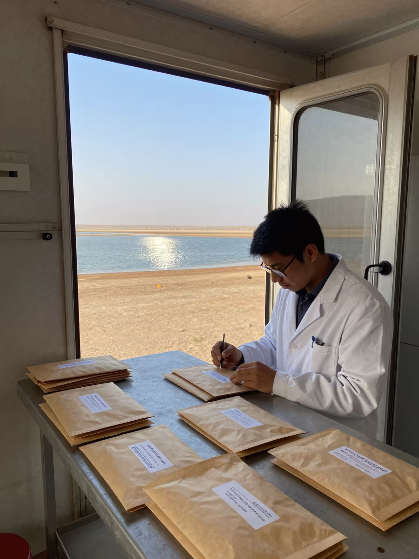Scientist Labeling Specimens in Desert Trailer in beside a tidal survey transect near Amman