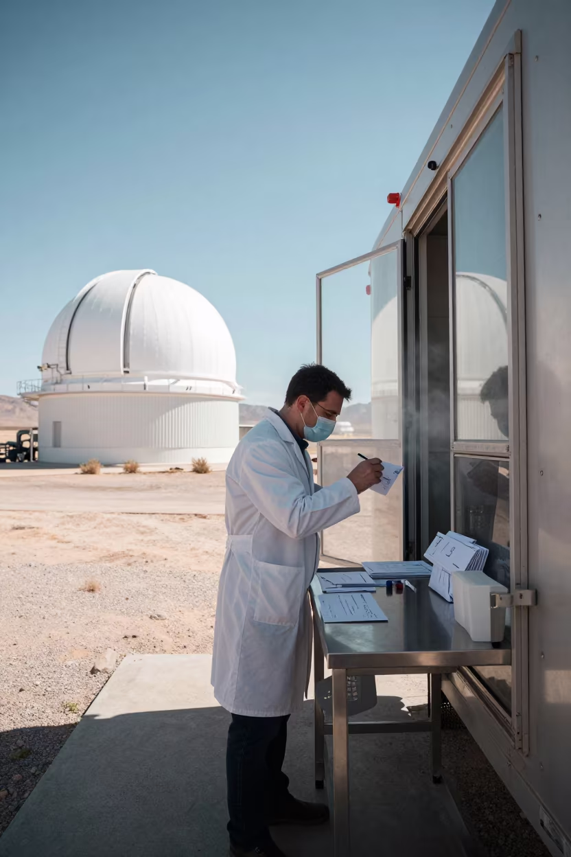 Scientist Labeling Specimens Near Las Vegas Observatory in beside an observatory dome near Las Vegas