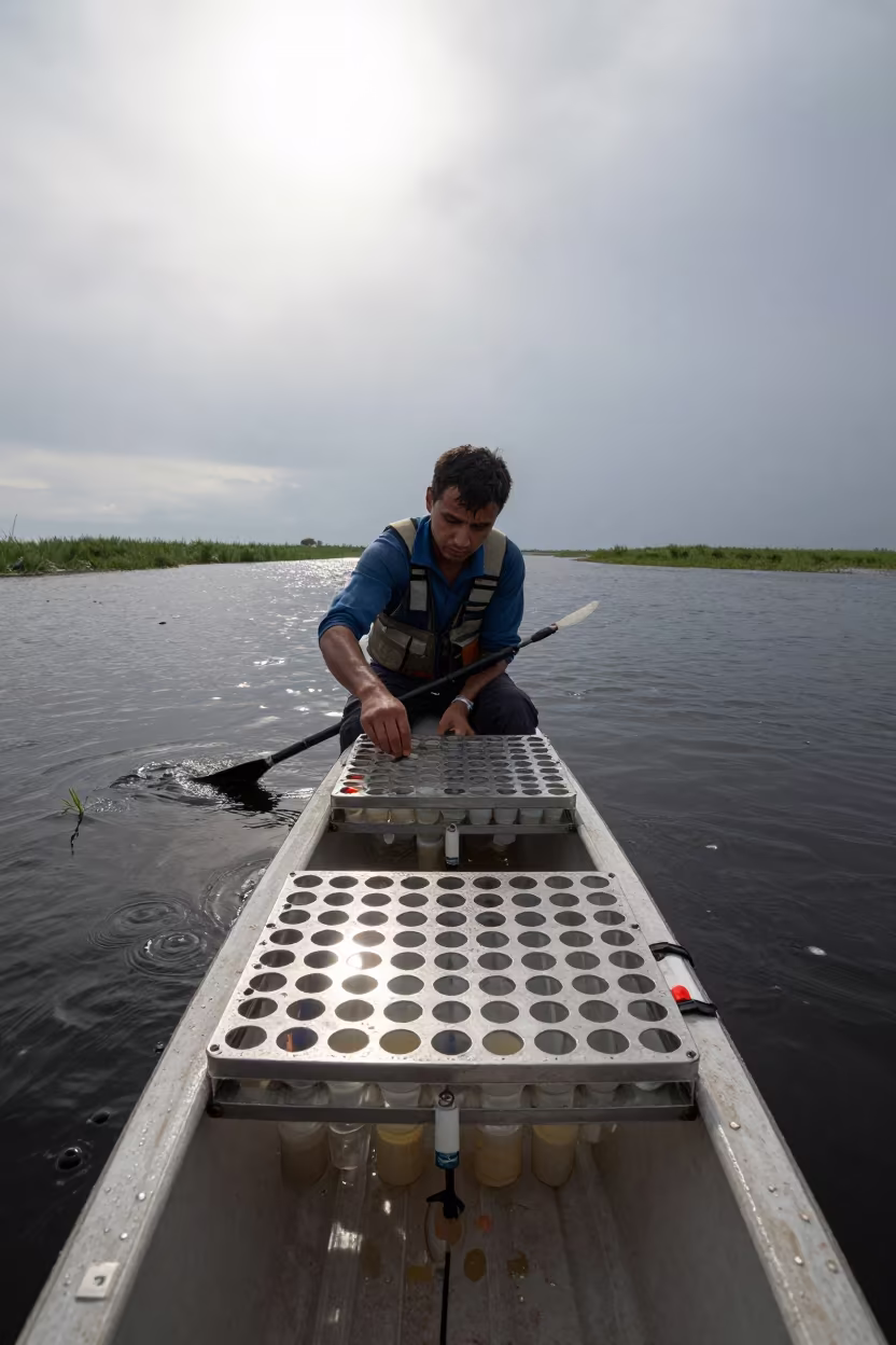 Scientist lifting sample tubes from black water in Namangan in in Namangan