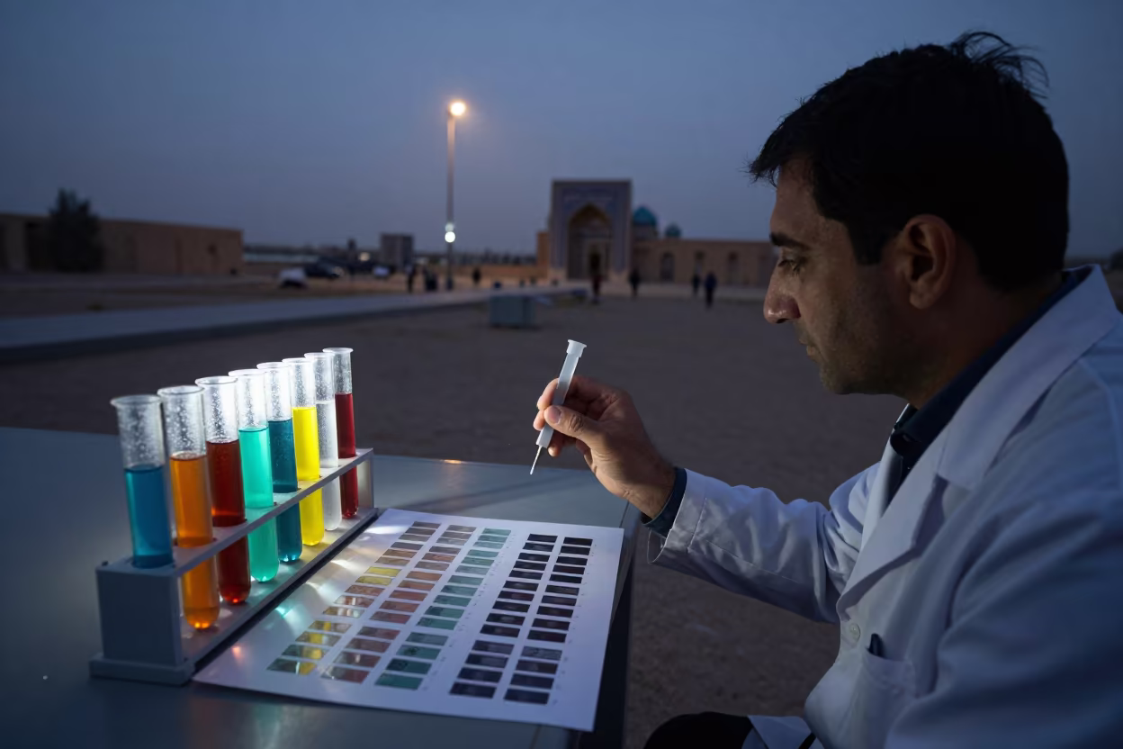 Scientist Matches Sample Tubes to Field Chart in near Jizzakh