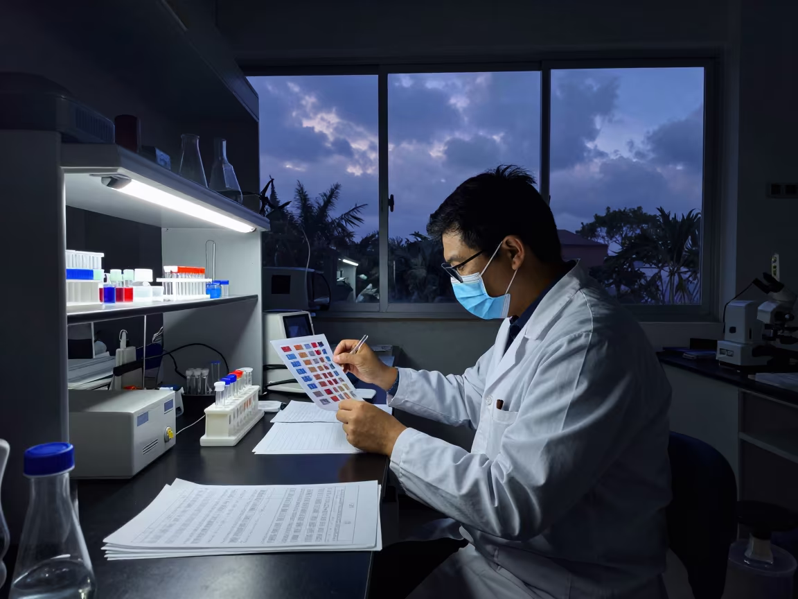 Scientist Matches Sample Tubes to Chart Under Neon Light in in Veracruz