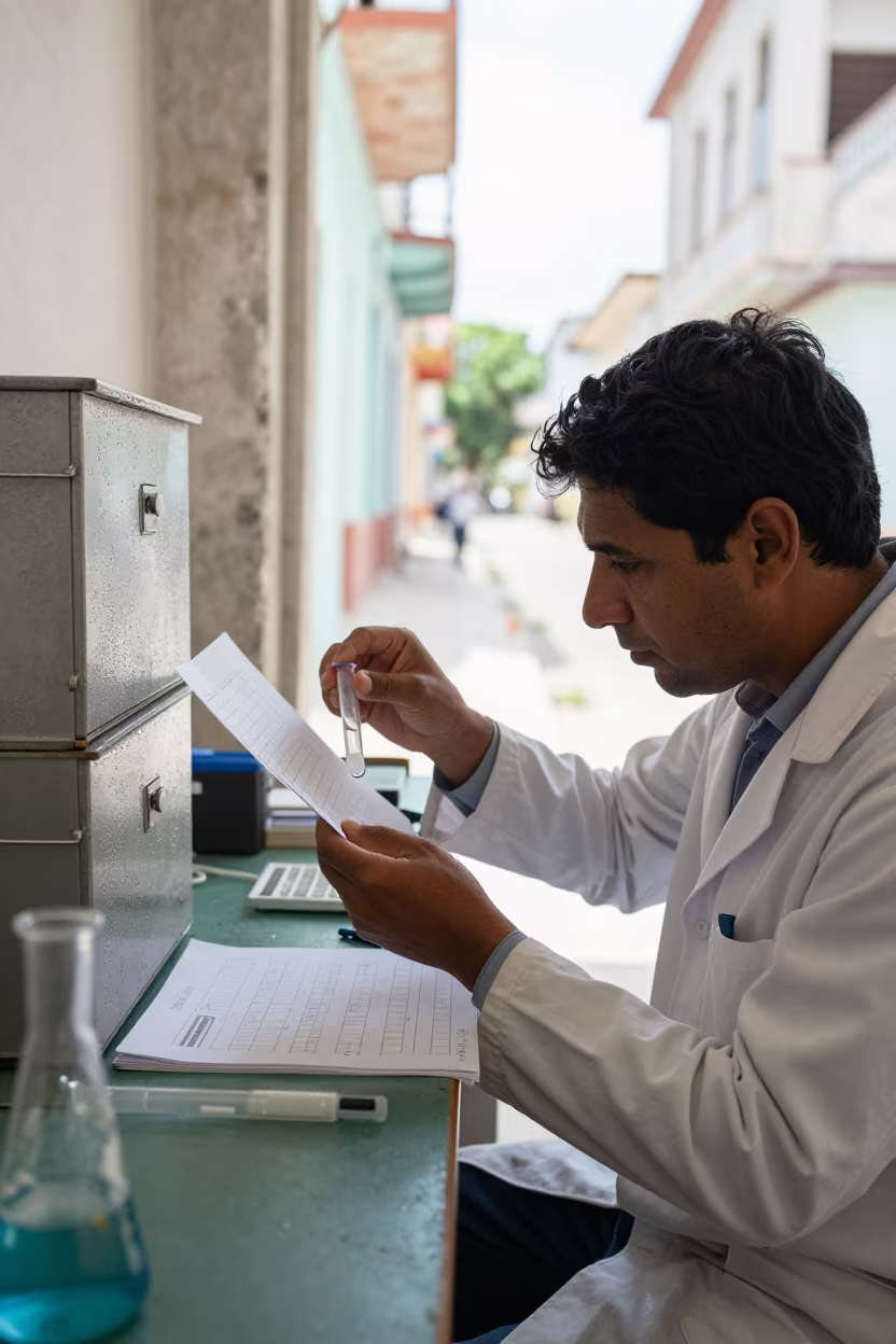 Scientist Matching Samples in Dry Cuban Light in near Holguin