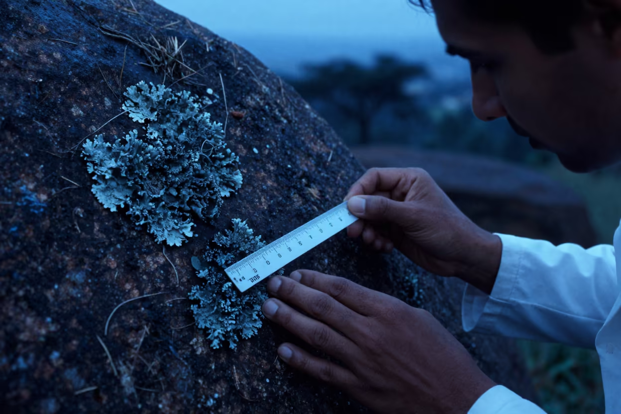 Scientist Measuring Lichen on Granite in Kampala in in Kampala