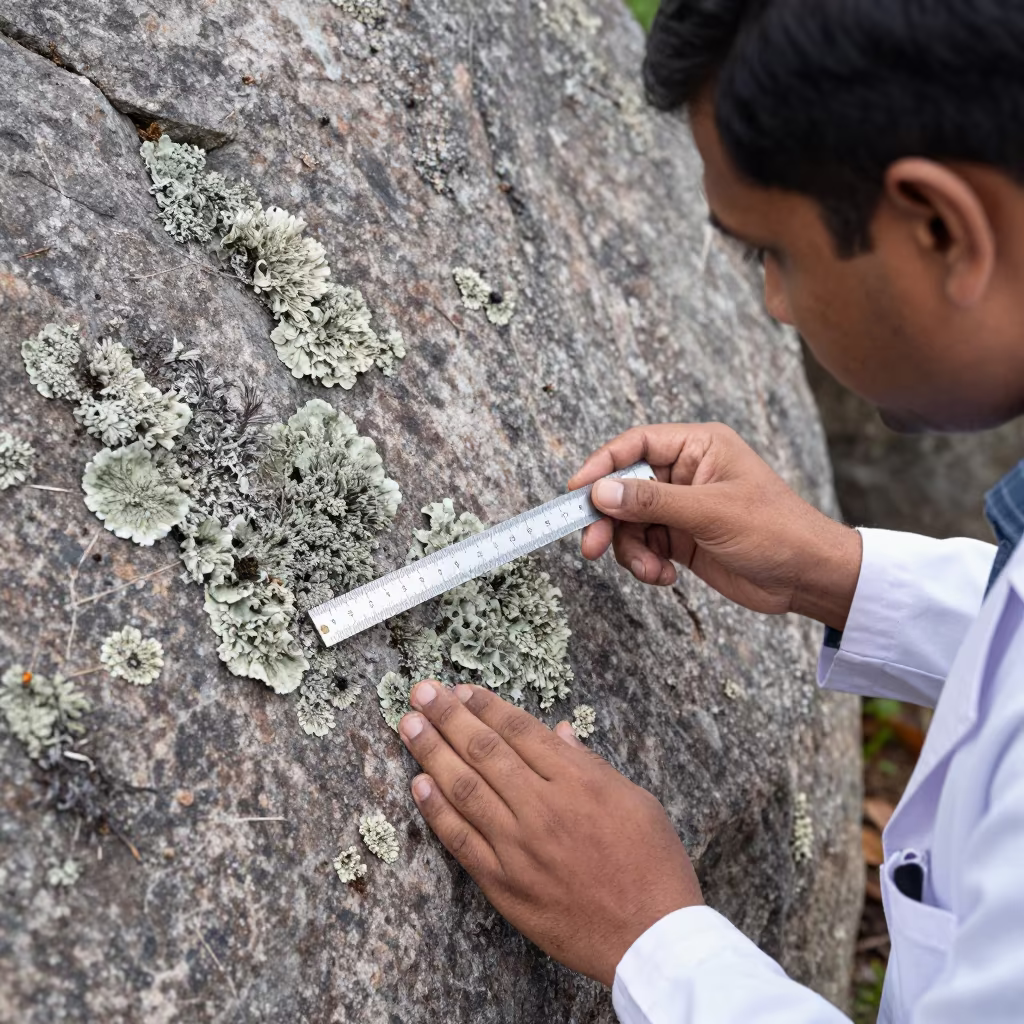 Scientist Measuring Lichen on Granite in Muzaffarpur in in Muzaffarpur