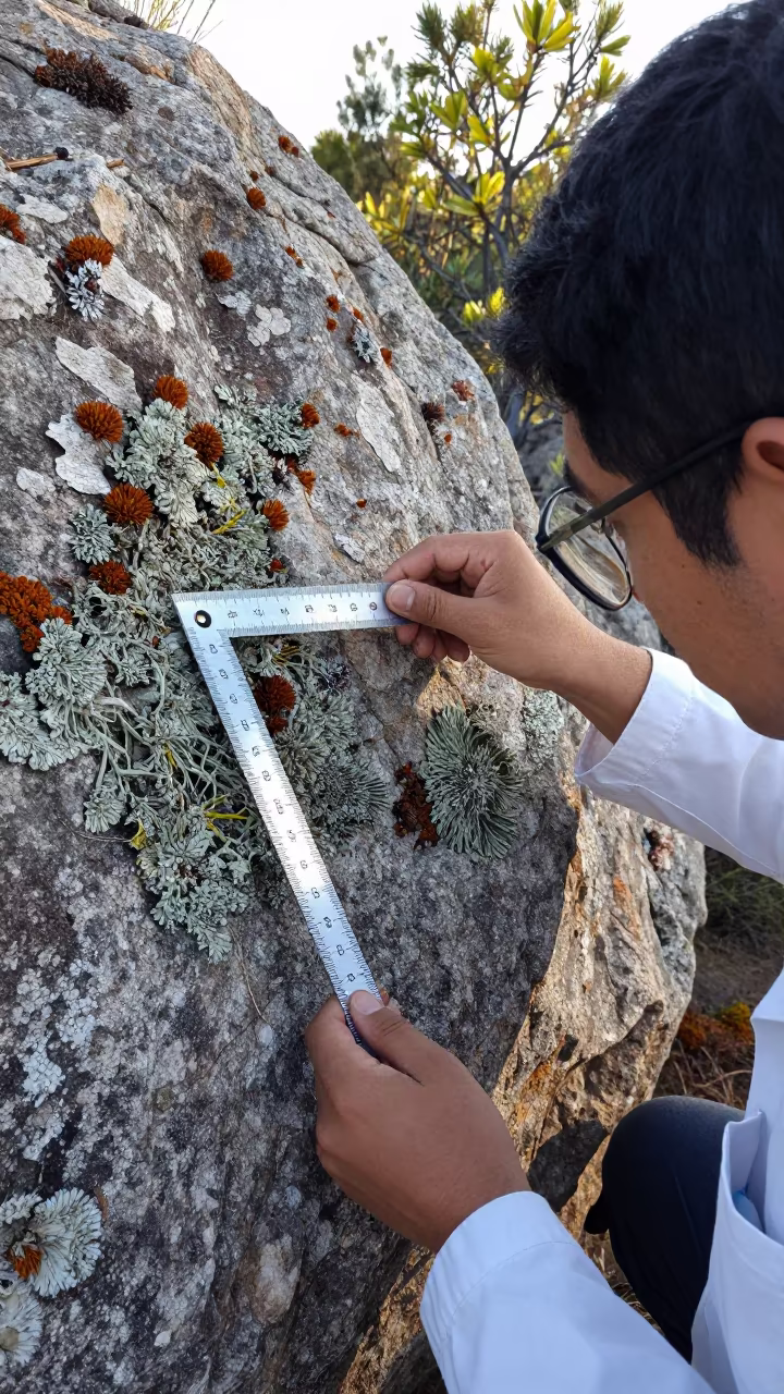 Scientist Measuring Lichen on Granite in Querétaro in in Santiago de Querétaro
