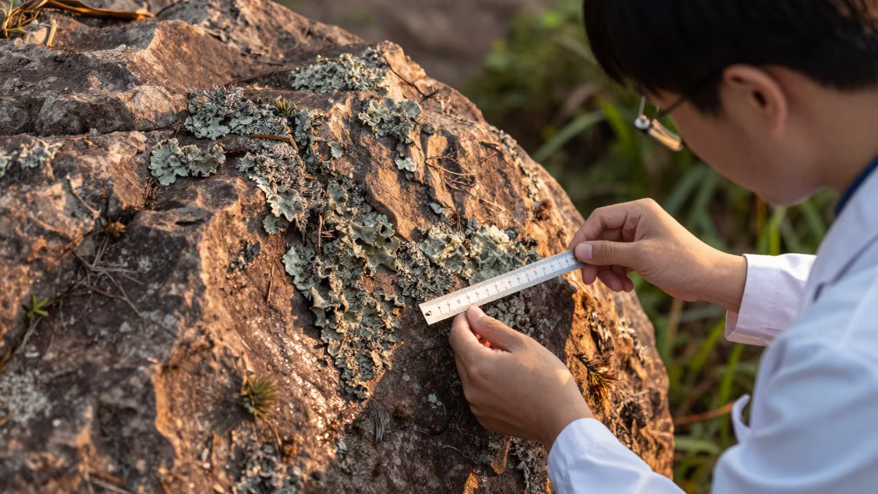 Scientist Measuring Lichen on Kunming Granite in near Kunming