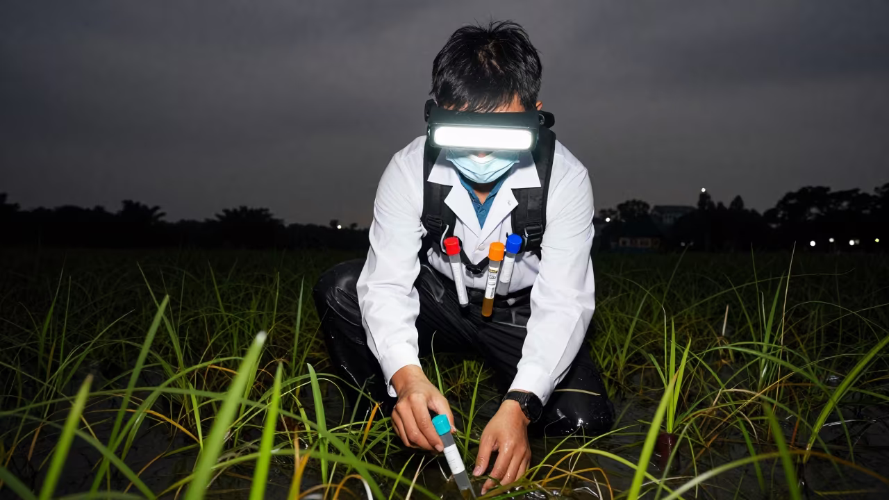 Scientist in Nightlight Eelgrass Sample Collection in in Little India, Kuala Lumpur