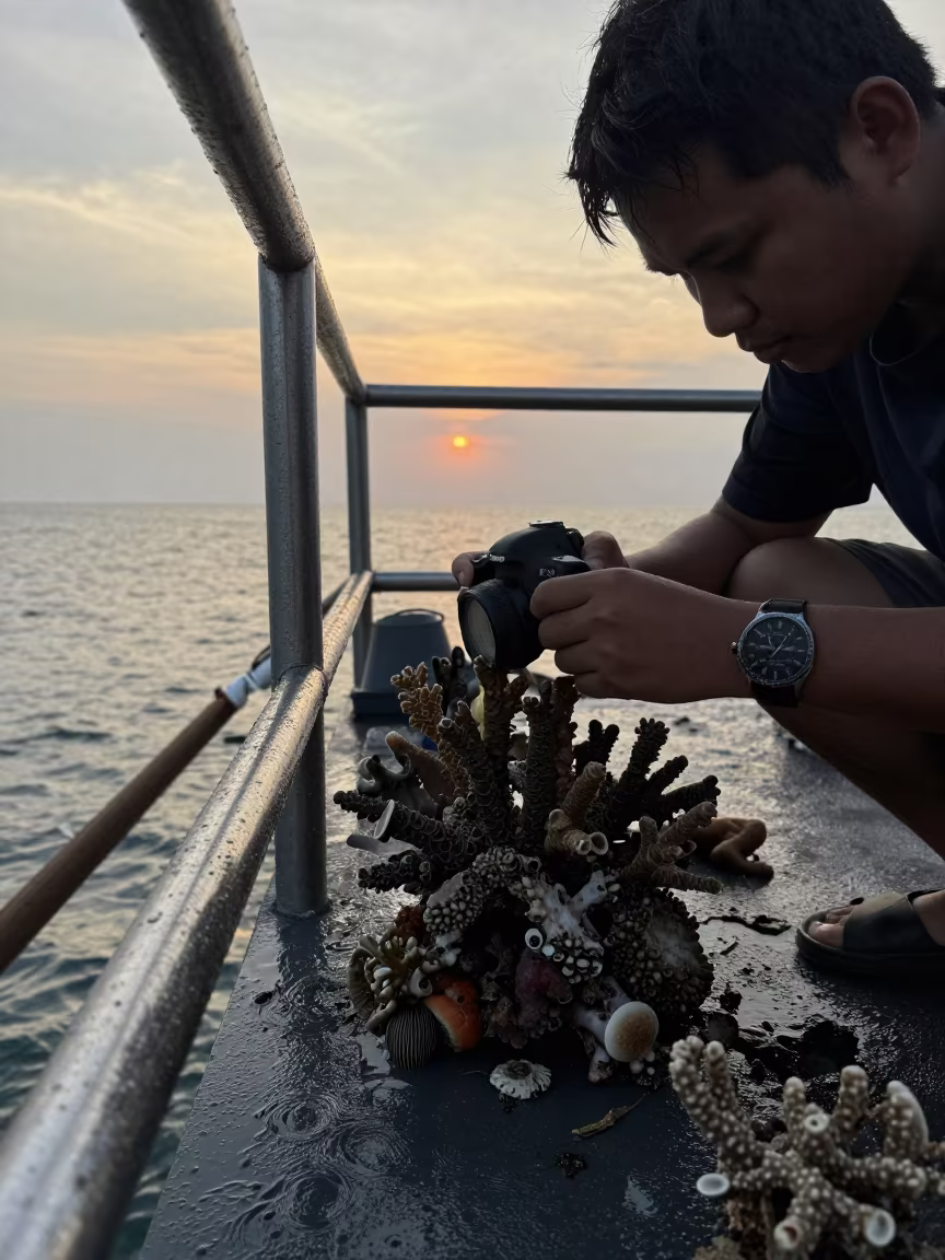 Scientist Photographing Coral Reef Transect Jakarta in on a wind-scoured research platform in Glodok, Jakarta