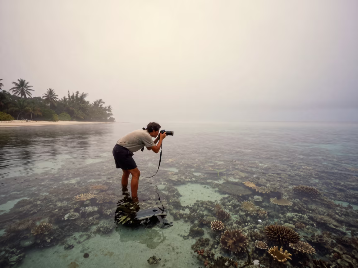 Scientist Photographs Coral in Misty Fiji Dawn in at a remote field station in Fiji