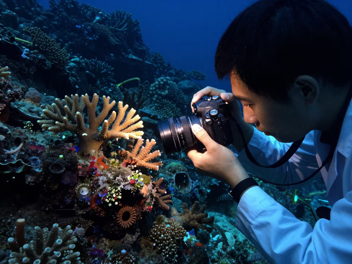 Scientist Photographs Coral Reef at Dawn in along a rocky geology outcrop near Thao Dien, Ho Chi Minh City