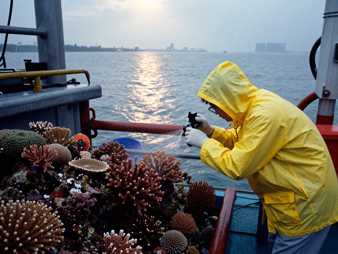 Scientist Photographs Corals on Research Platform in on a wind-scoured research platform near Ho Chi Minh City