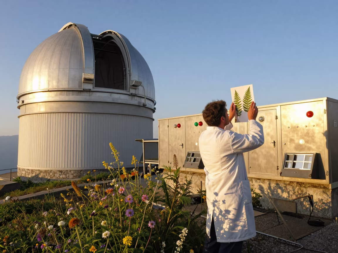 Scientist Pressing Ferns Beneath Observatory Windows in beside an observatory dome in Albania