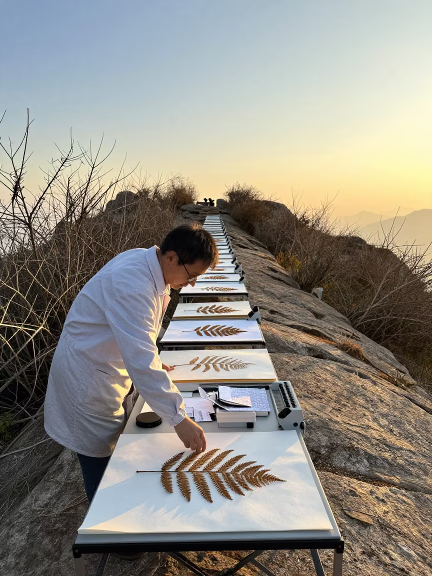 Scientist Pressing Ferns at Fujian Outcrop in along a rocky geology outcrop in Fujian