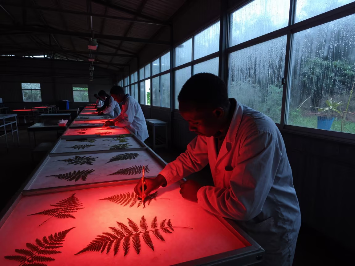 Scientist Pressing Ferns Under Red Night Light in beside a tidal survey transect in Ferkessédougou