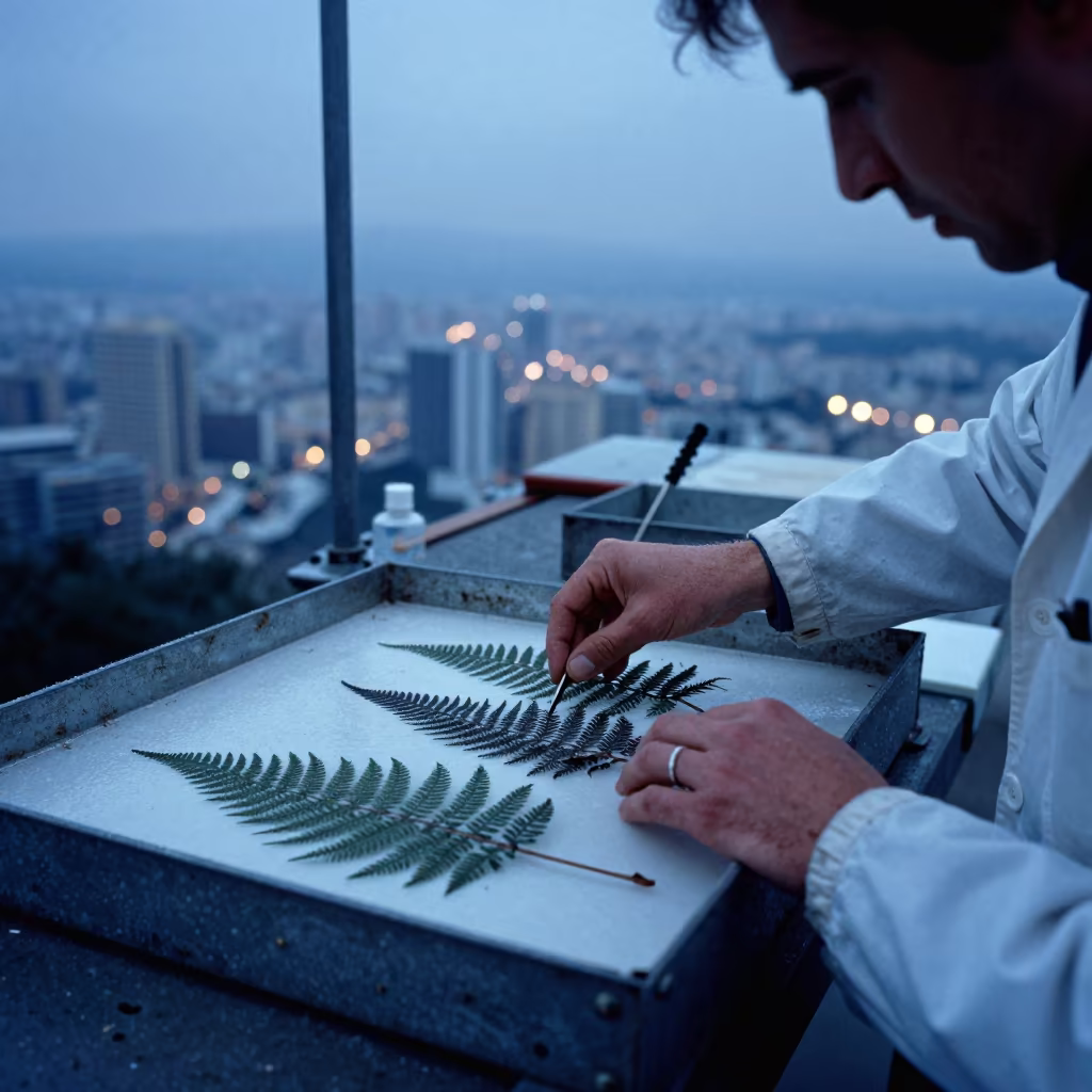 Scientist Pressing Winter Ferns at Valencia Station in on a wind-scoured research platform in Valencia