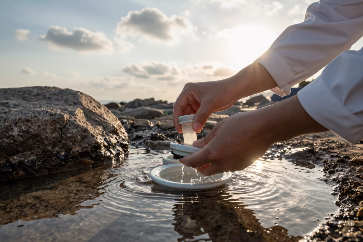 Scientist Rinsing Ceramic Tubes Near Stream in in Ulsan