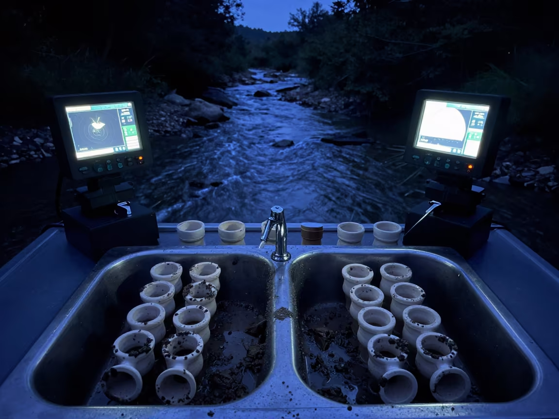 Scientist Rinsing Mud from Sample Tubes at Dawn in in Manta