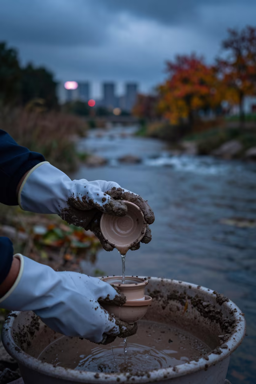 Scientist rinsing mud from sample tubes beside stream in near Changsha