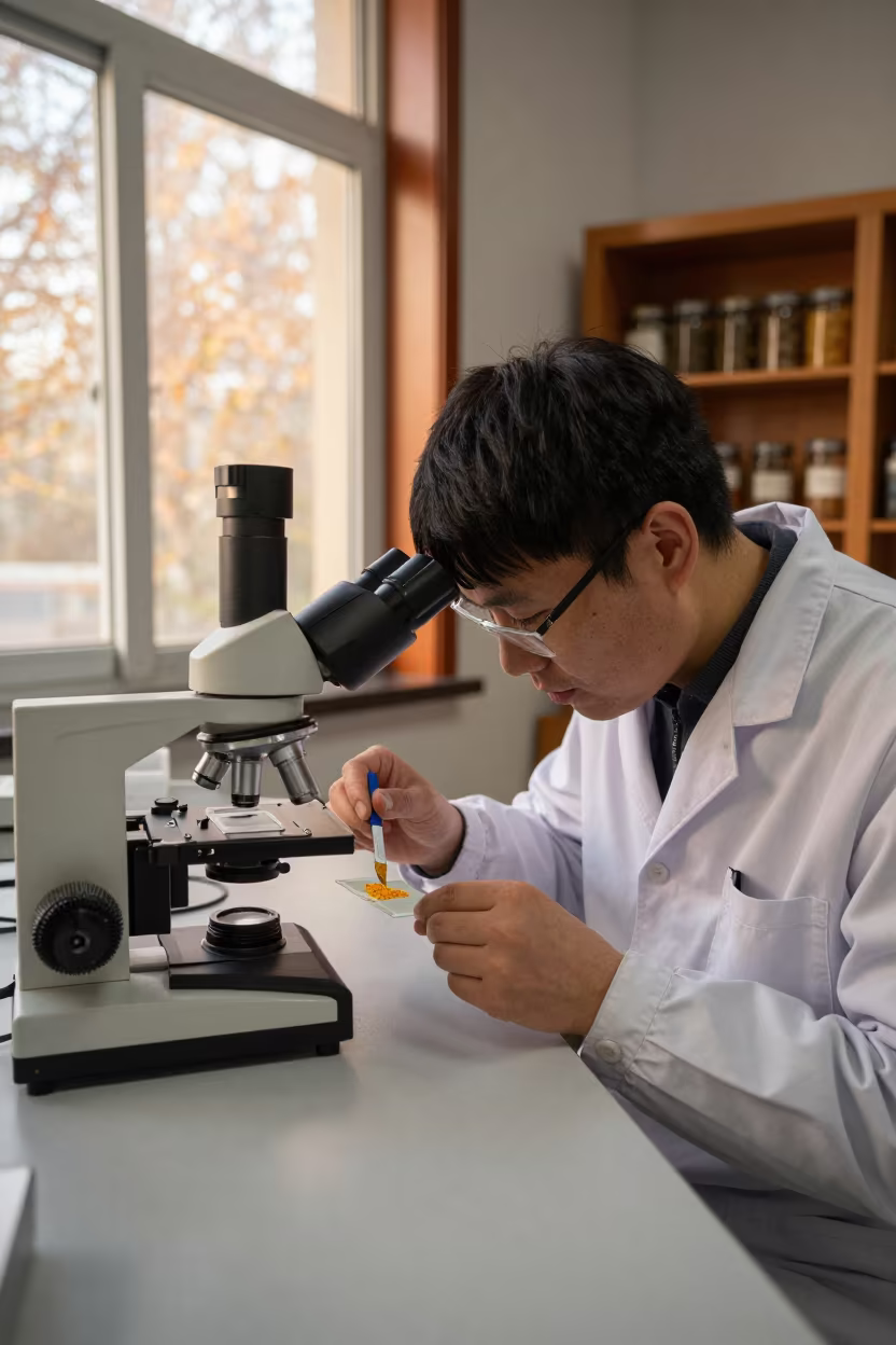Scientist Scraping Pollen Slide in Nampo Lab in at a microscopy bench in Nampo