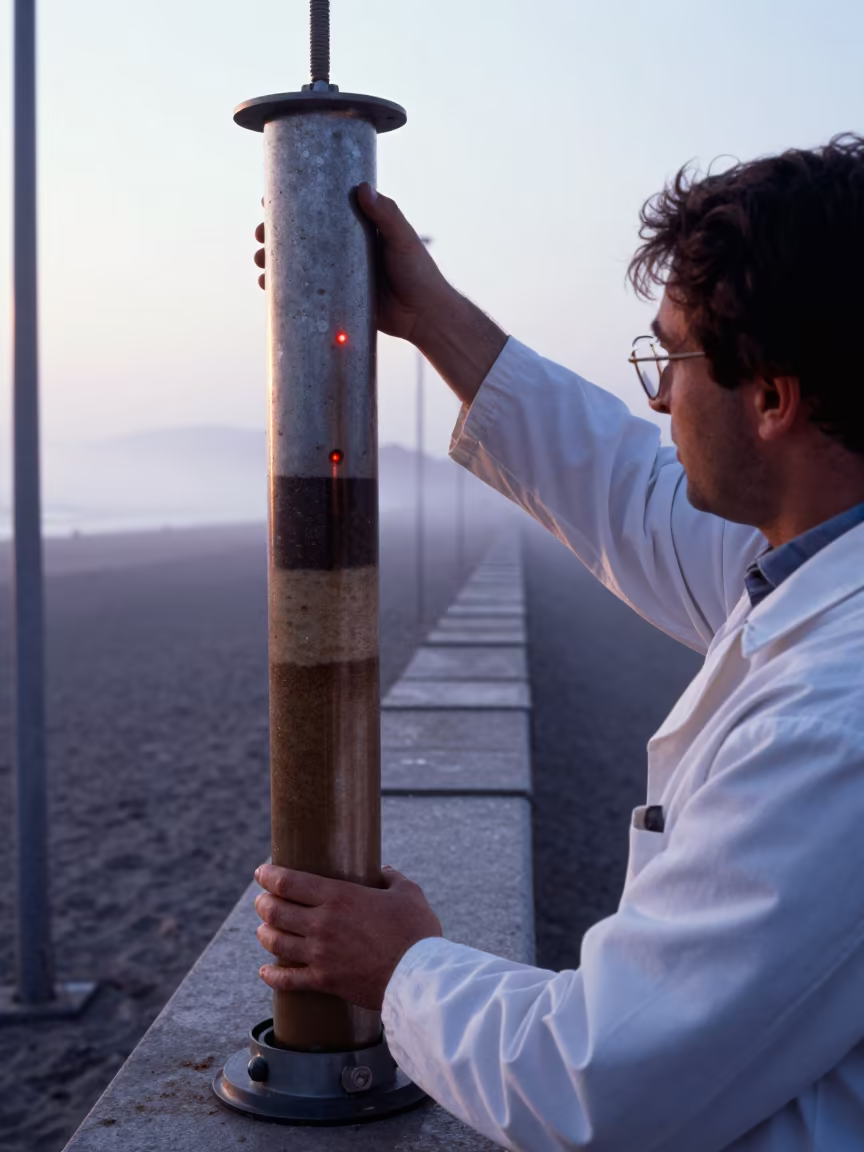 Scientist Holds Sediment Core in Misty Dawn in near Mar del Plata