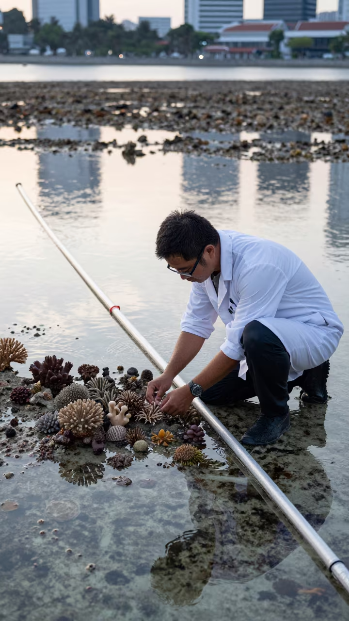 Scientist Surveying Coral Reef Transect Singapore in beside a tidal survey transect in Haji Lane, Singapore