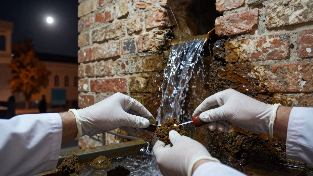 Scientist Trimming Core Amid Waterfall in in Grand Bazaar, Tehran