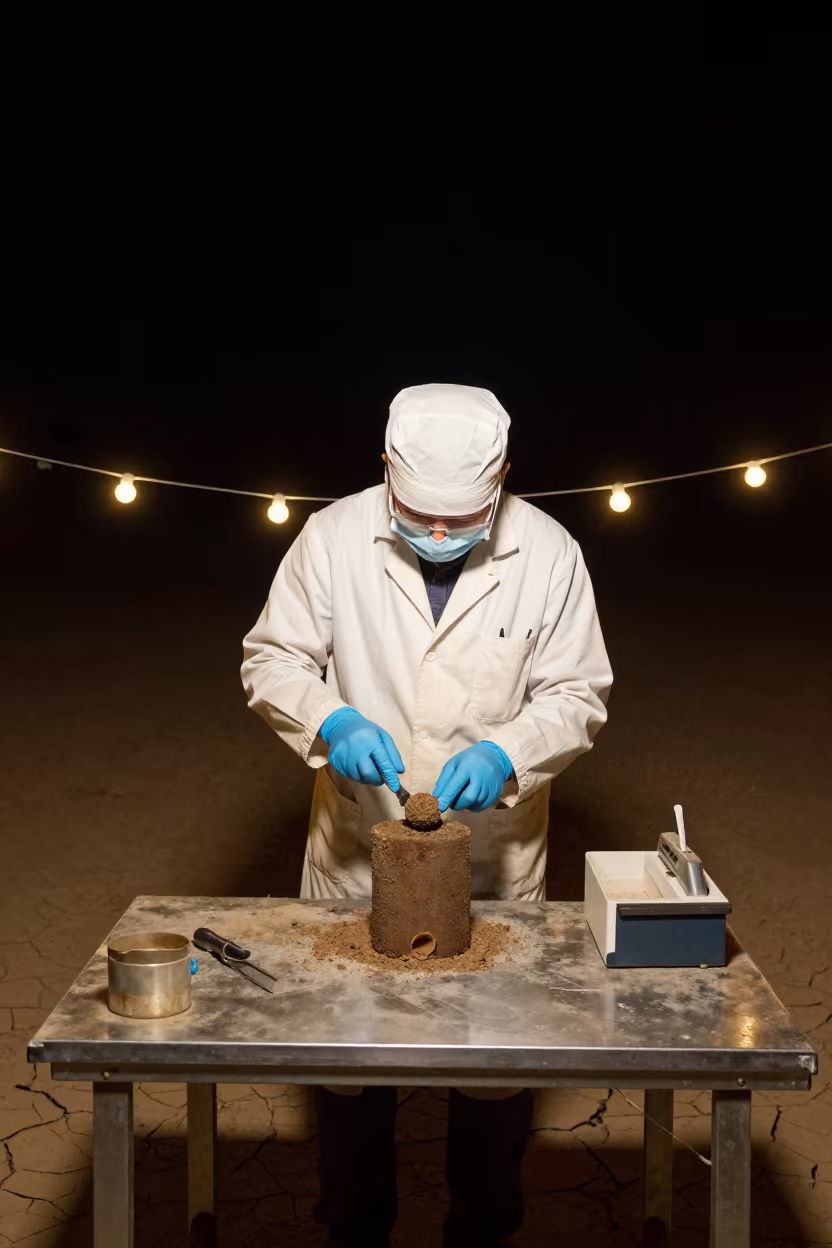 Scientist Trimming Sediment Core Night in near Khuzdar