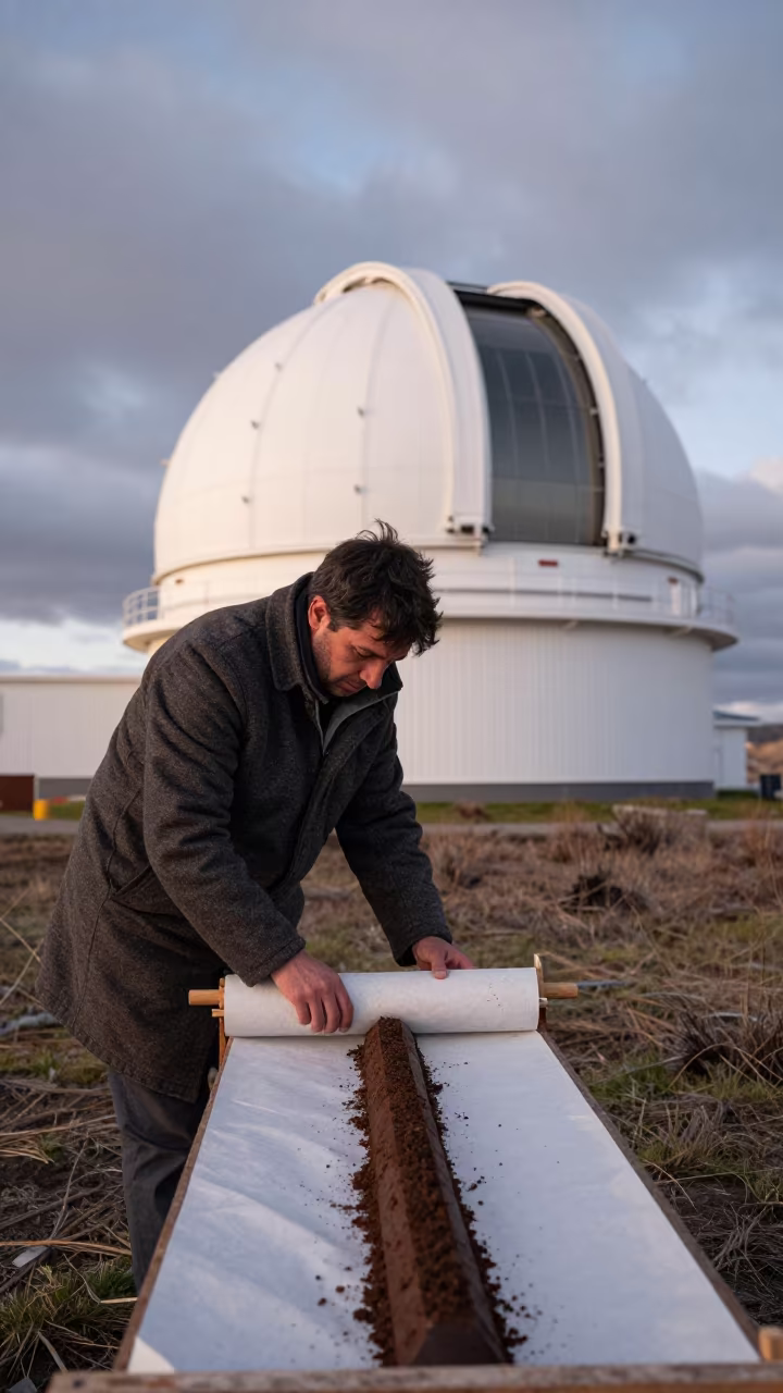 Scientist Unrolling Sediment Core in Argentina in beside an observatory dome in Argentina